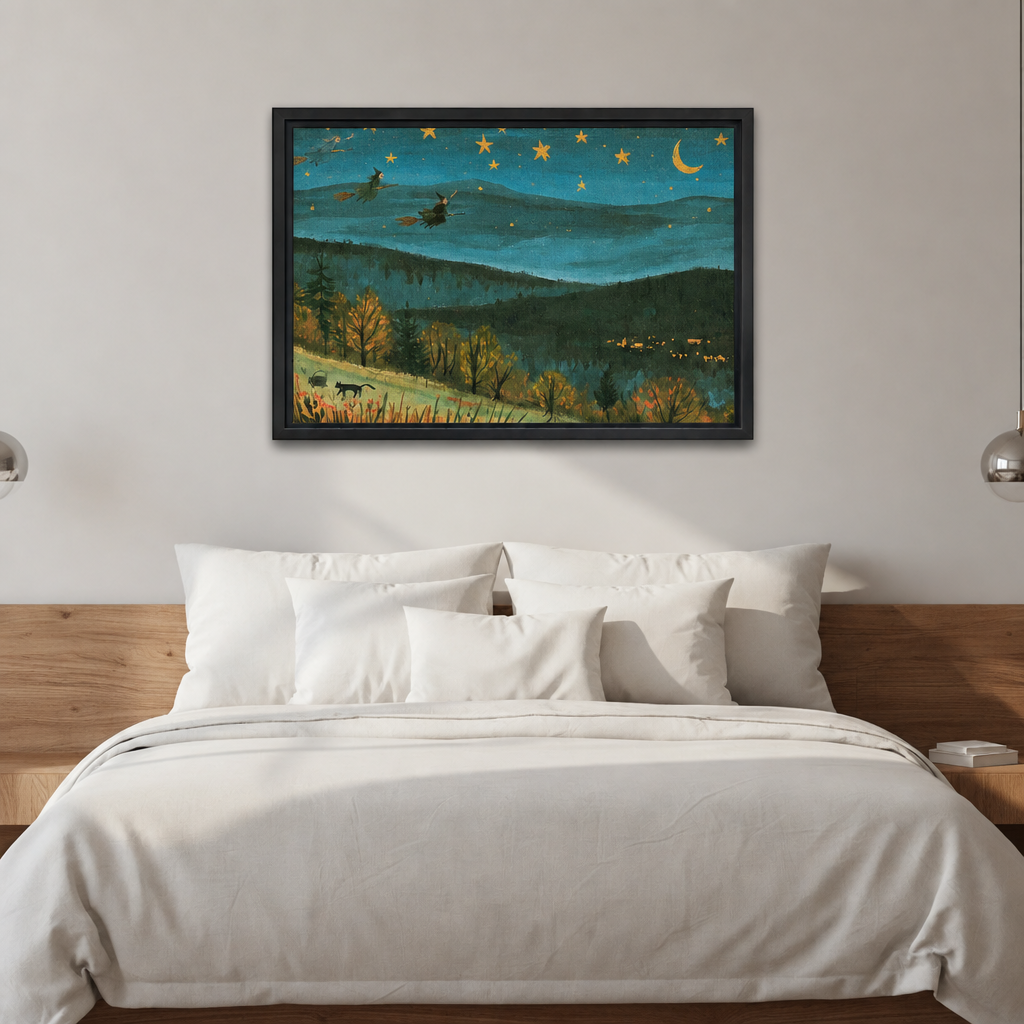 Framed whimsical starry mountain canvas wall art displayed above a bed with white bedding.
