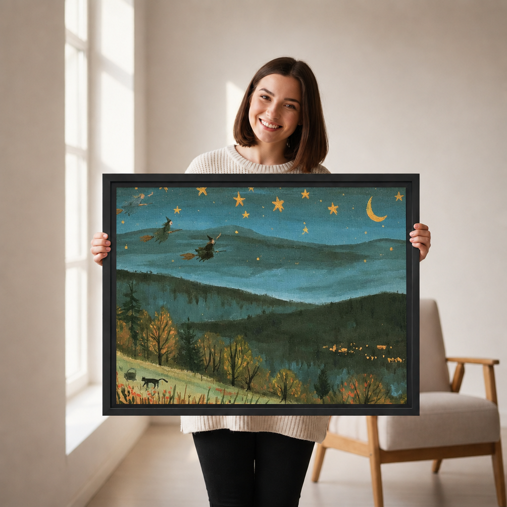Woman holding framed whimsical starry mountain canvas wall art to show its scale.