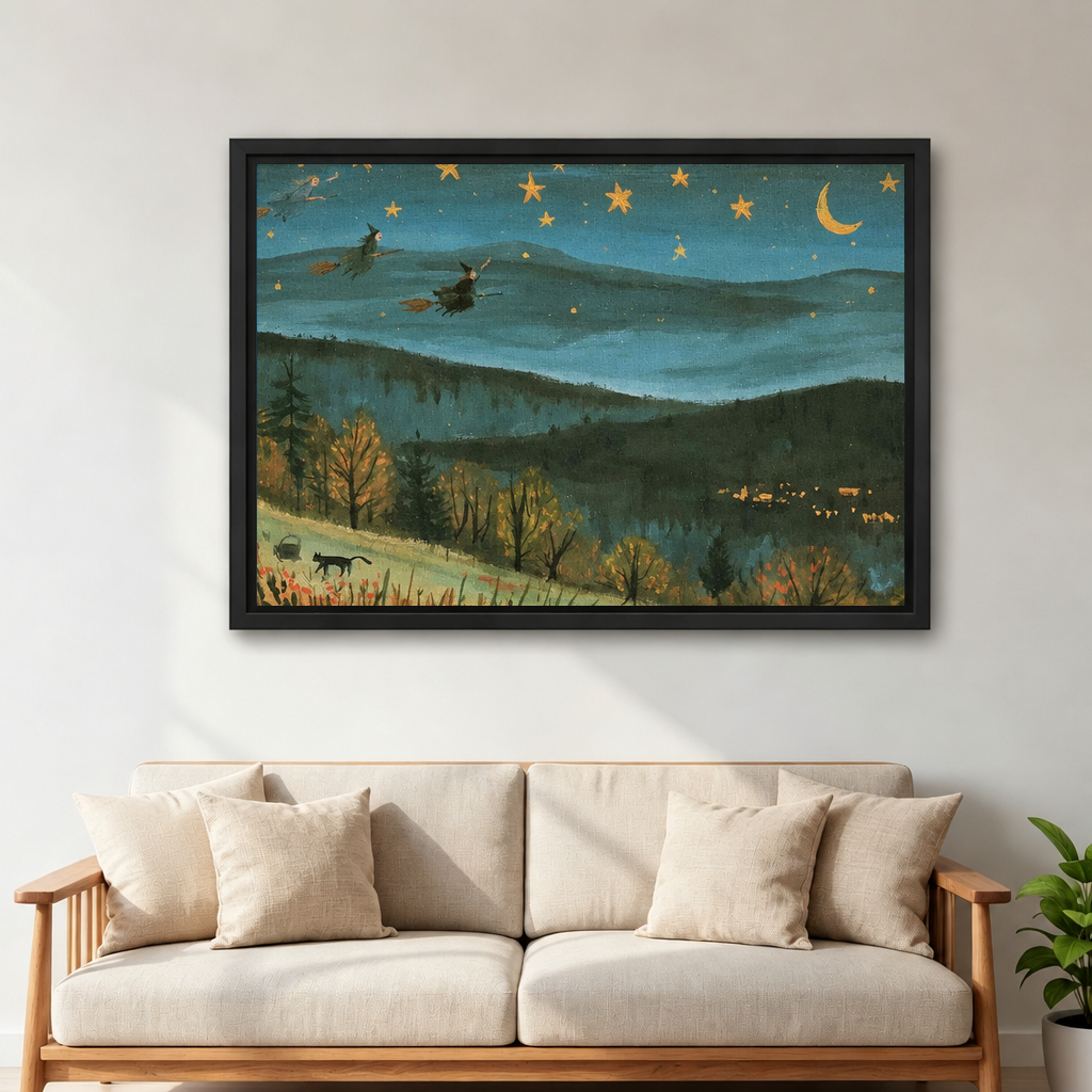 Framed whimsical starry mountain canvas wall art displayed above a light-colored living room sofa.
