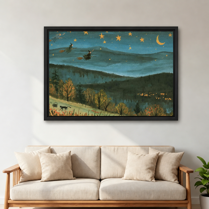 Framed whimsical starry mountain canvas wall art displayed above a light-colored living room sofa.