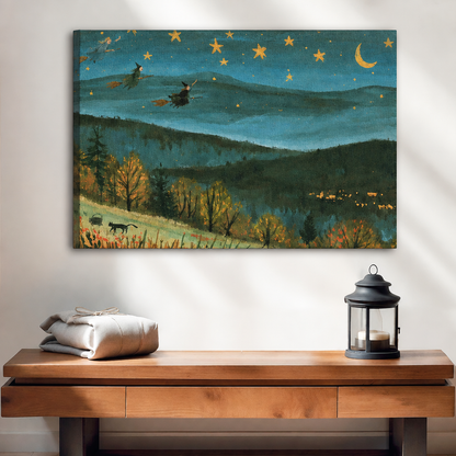 Unframed whimsical starry mountain canvas wall art above a wooden console, showing golden stars over blue-green hills.