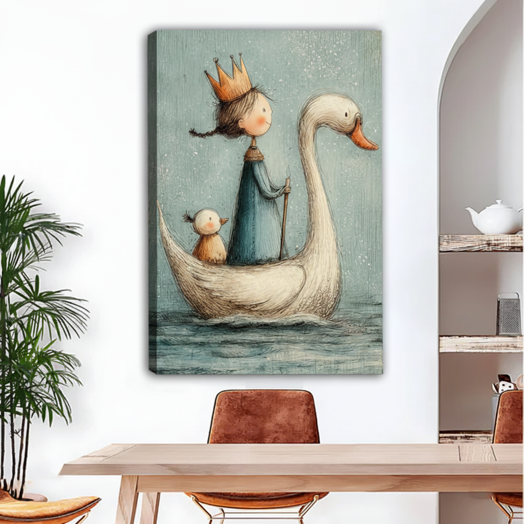Whimsical canvas wall art featuring a crowned princess riding a white swan with a small bird companion, displayed in a bright dining room