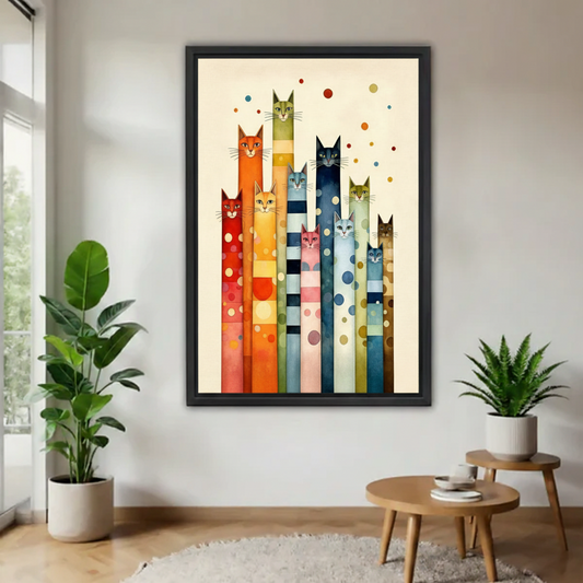 Whimsical multicolor tall cat wall art in a black frame displayed in a bright neutral living room with tropical plants