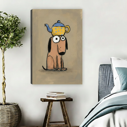 Whimsical teapot dog cartoon framed canvas print above living room sofa