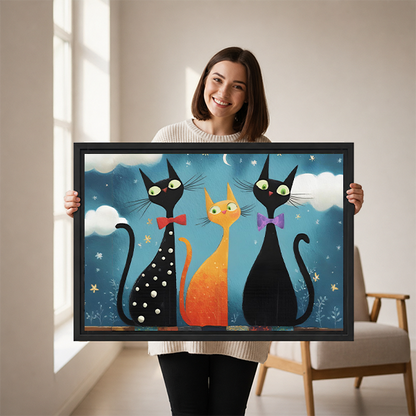Woman holding whimsical three cat night canvas wall art featuring two black cats and one orange cat