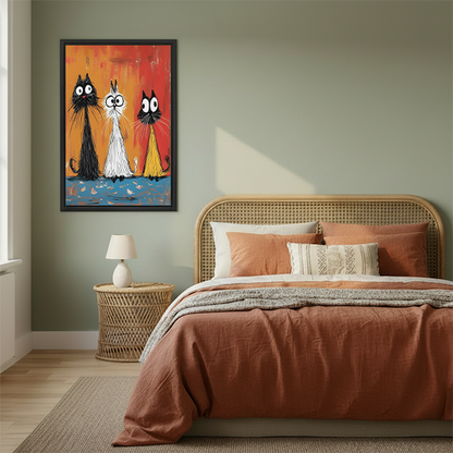 Whimsical expressionist three cats framed canvas print above rattan bed in warm sage green bedroom with terracotta bedding