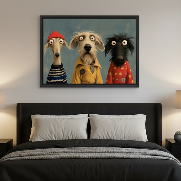 Framed whimsical three dogs portrait canvas wall art hangs above a bed, adding playful color to the bedroom.