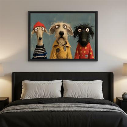 Framed whimsical three dogs portrait canvas wall art hangs above a bed, adding playful color to the bedroom.