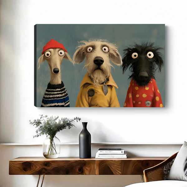 Framed whimsical three dogs portrait canvas wall art hangs over a black table with plants.