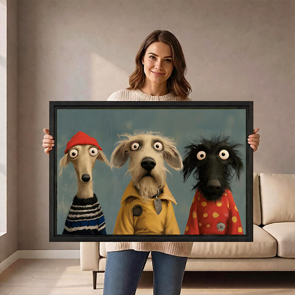 Whimsical three dogs portrait canvas wall art in a black frame above a console features expressive canine faces.