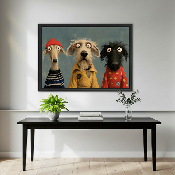 A woman holds framed whimsical three dogs portrait canvas wall art showing dogs in hats and colorful clothes.