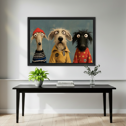 A woman holds framed whimsical three dogs portrait canvas wall art showing dogs in hats and colorful clothes.