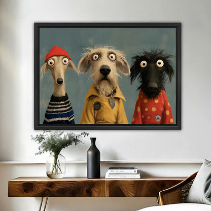 Whimsical three dogs portrait canvas wall art above a wooden console shows a colorful dressed-up trio.