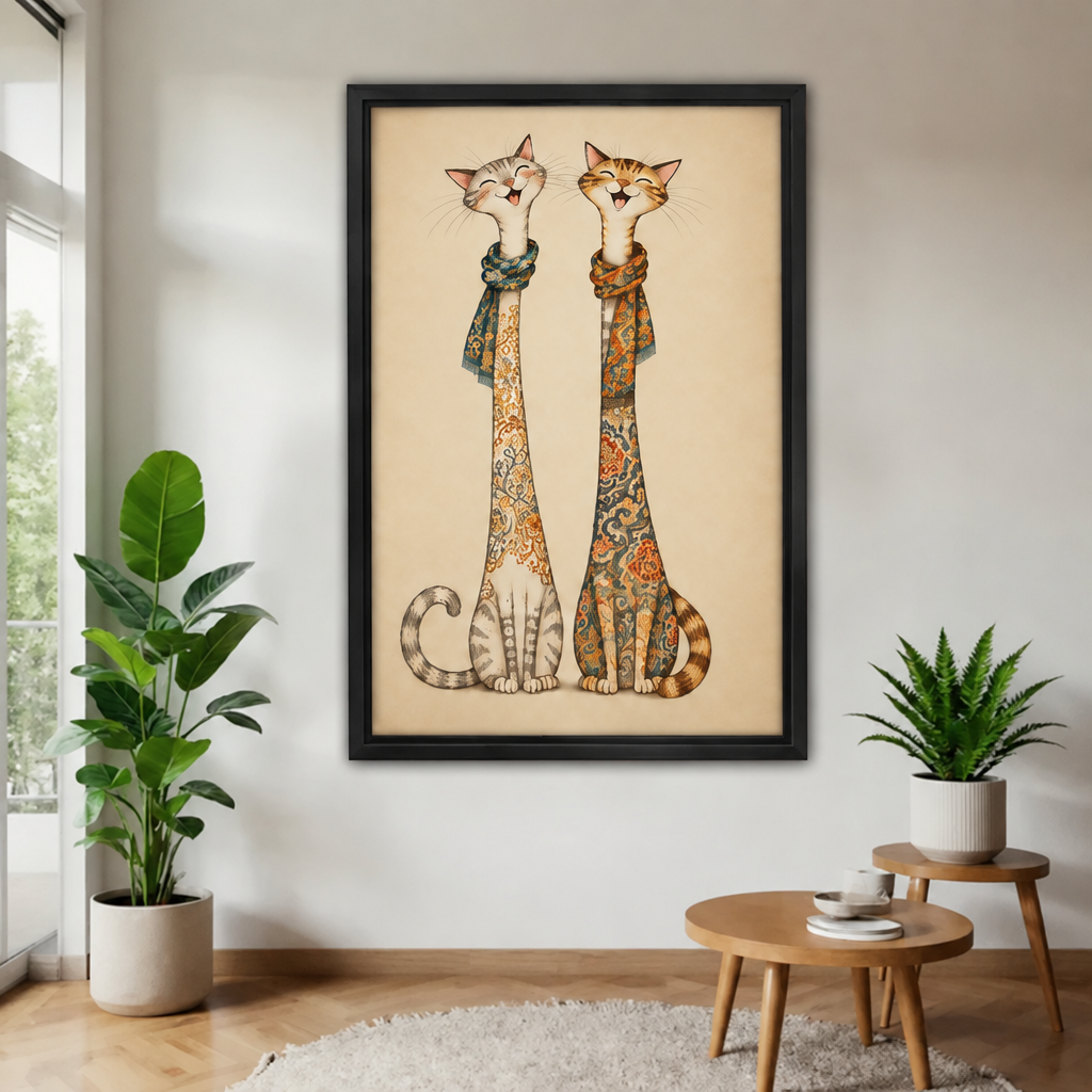 Whimsical two cats canvas wall art in a black frame displayed above a round table in a bright room.
