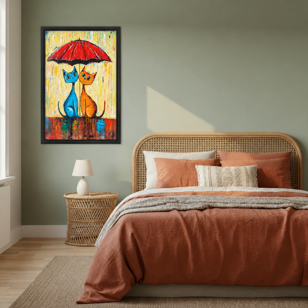 Whimsical umbrella cats canvas wall art in a black frame beside a bed with rust-colored bedding and woven headboard.