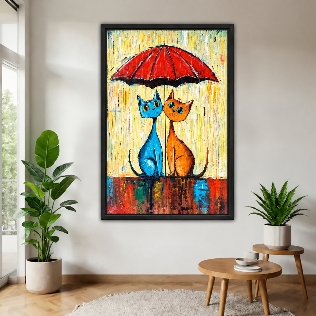 Black-framed whimsical umbrella cats canvas wall art featuring a red umbrella, displayed between plants near wooden tables.