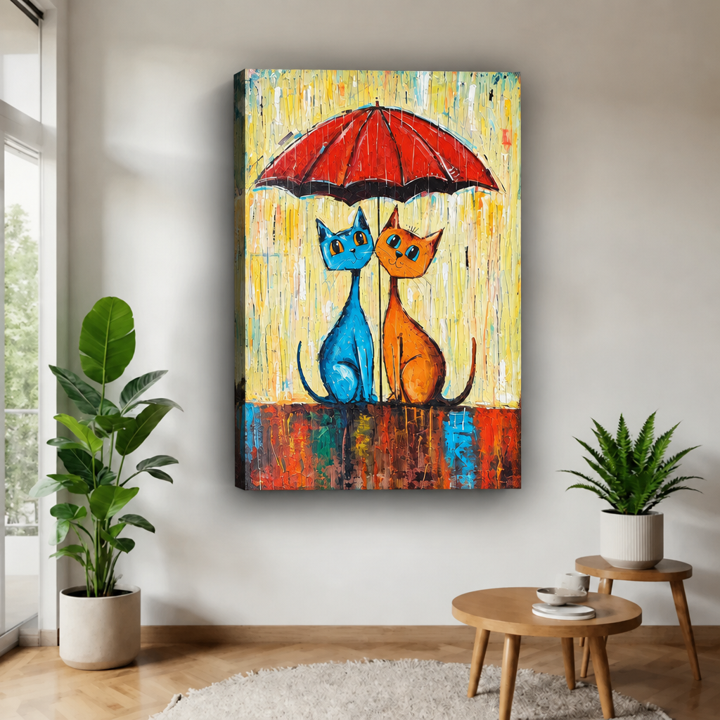 Whimsical umbrella cats canvas wall art without an outer frame, displaying blue and orange cats between potted plants.