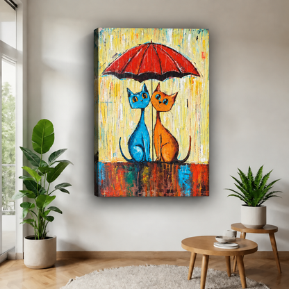 Whimsical umbrella cats canvas wall art without an outer frame, displaying blue and orange cats between potted plants.