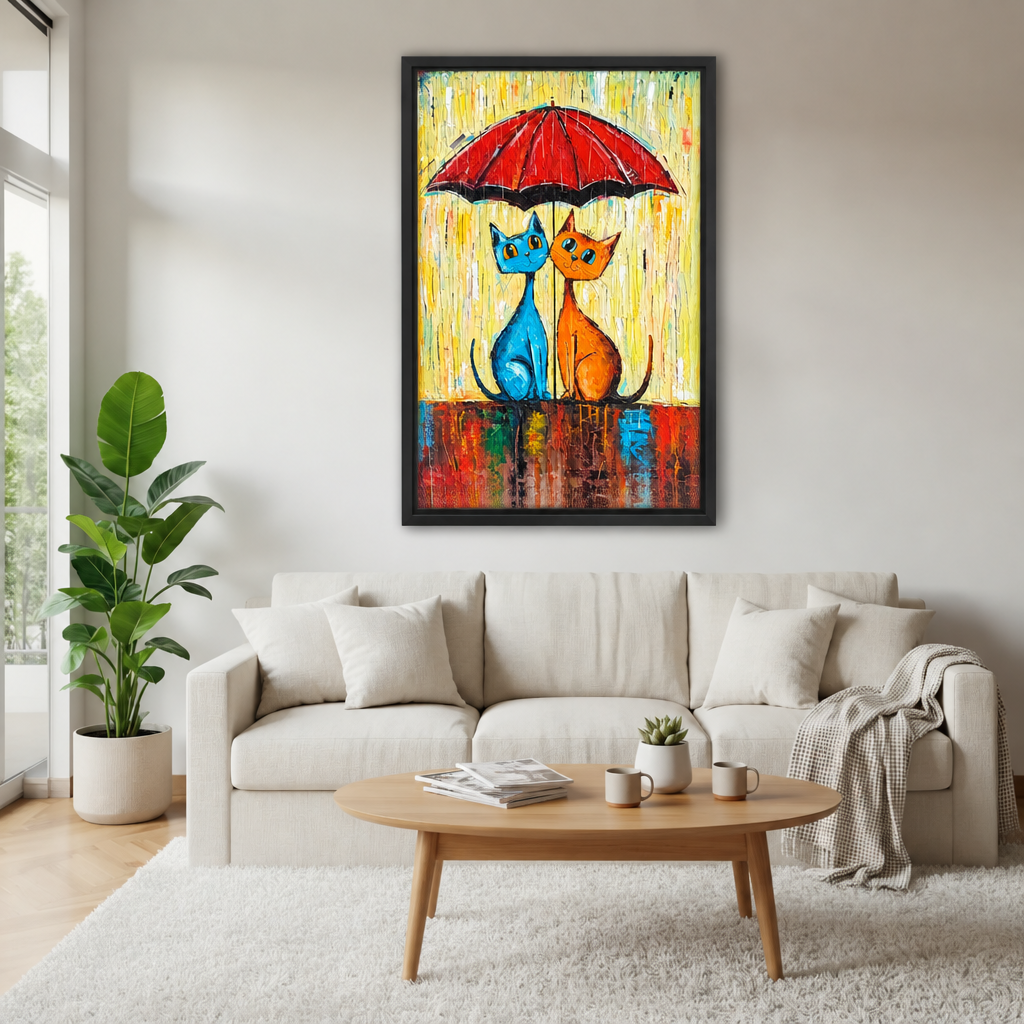  Black-framed whimsical umbrella cats canvas wall art above a cream sofa beside a wooden coffee table and potted plant.