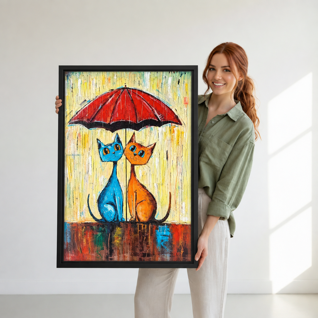 Woman holding black-framed whimsical umbrella cats canvas wall art showing two colorful cats beneath a red umbrella