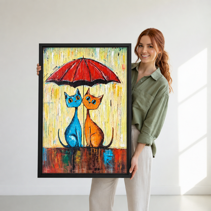 Woman holding black-framed whimsical umbrella cats canvas wall art showing two colorful cats beneath a red umbrella