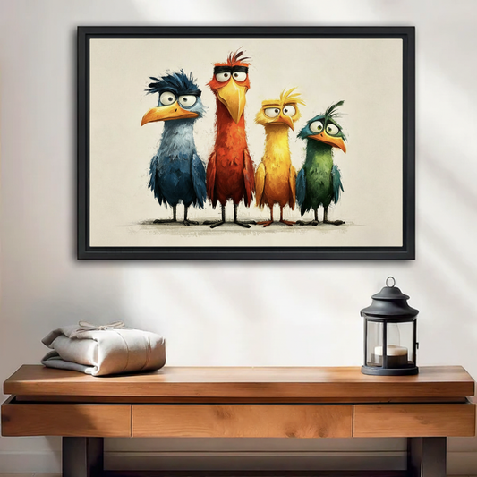 Whimsical watercolor bird quartet framed canvas wall art in black floating frame above wooden entryway console table with lantern