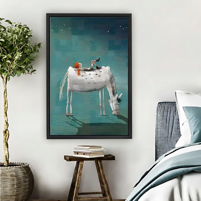 Whimsical White Horse and Rider Canvas Wall Art | Framed & Unframed l4775
