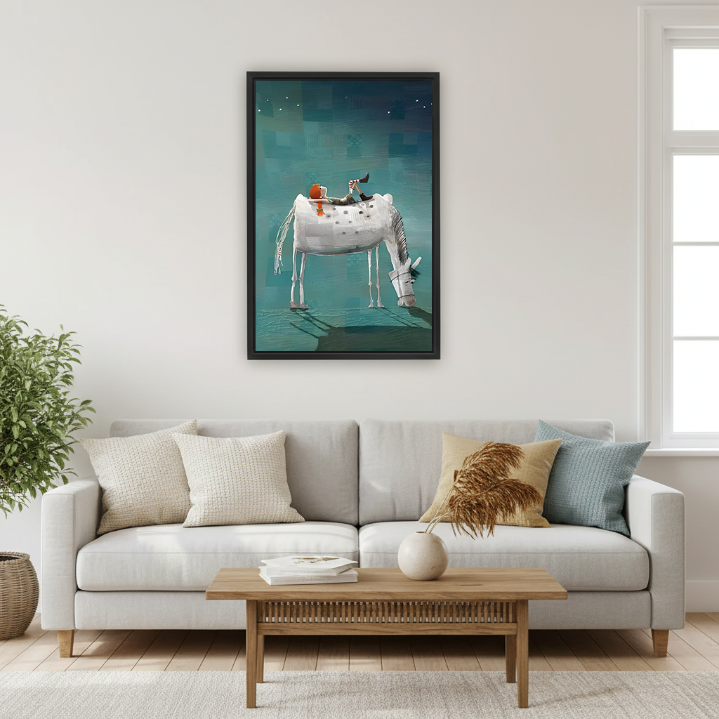 Whimsical White Horse and Rider Canvas Wall Art | Framed & Unframed l4775