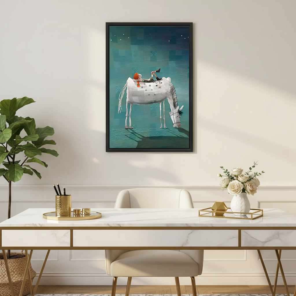 Whimsical White Horse and Rider Canvas Wall Art | Framed & Unframed l4775