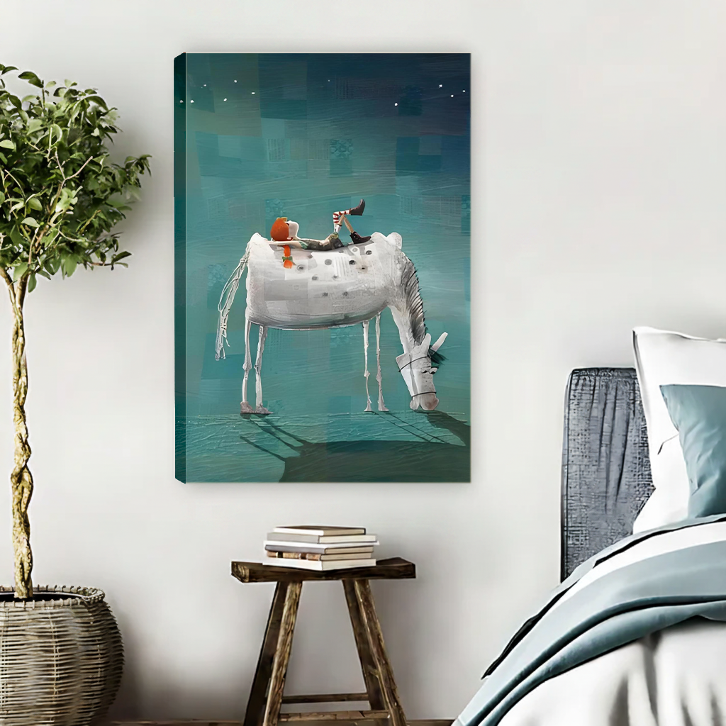 Whimsical White Horse and Rider Canvas Wall Art | Framed & Unframed l4775