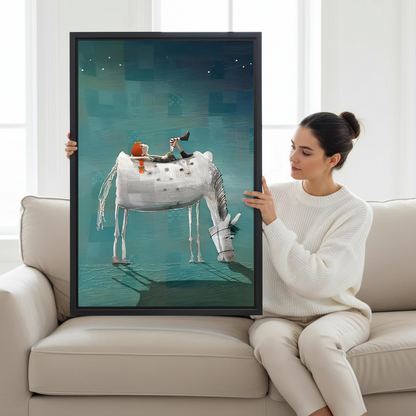 Whimsical White Horse and Rider Canvas Wall Art | Framed & Unframed l4775