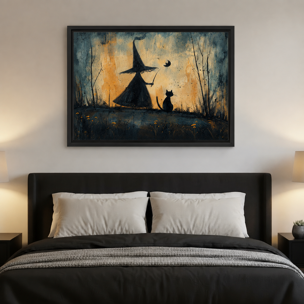 Framed whimsical witch and black cat canvas wall art displayed above a modern black bed