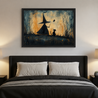 Framed whimsical witch and black cat canvas wall art displayed above a modern black bed
