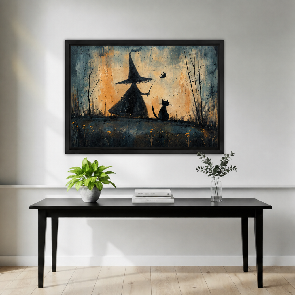 Black framed whimsical witch and black cat canvas wall art above a minimalist entryway table