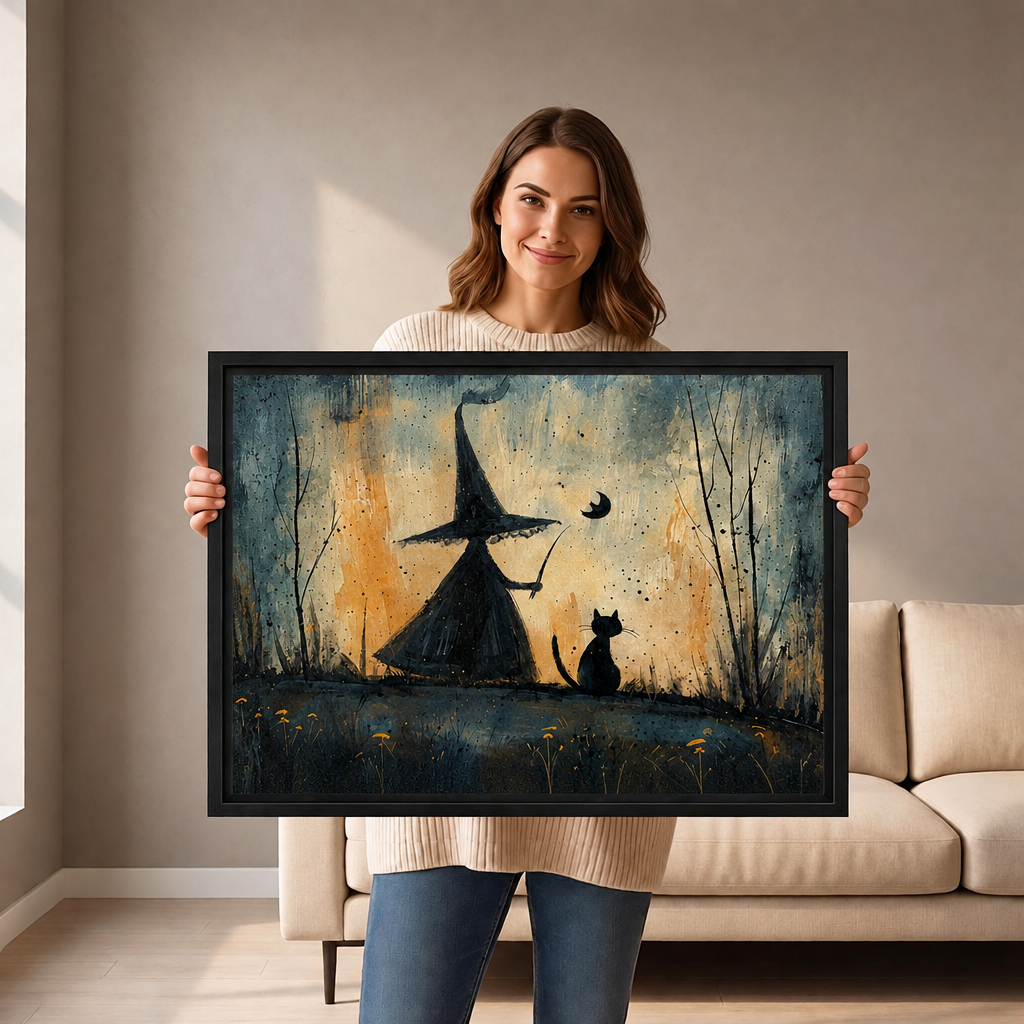 Woman holding large framed whimsical witch and black cat canvas wall art