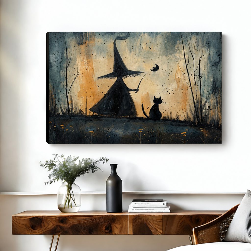 Whimsical witch and black cat gallery-wrap canvas beneath a crescent moon in a misty forest