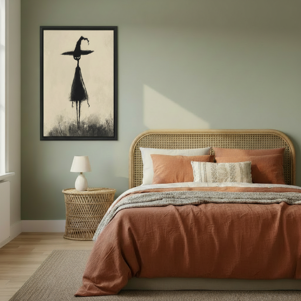 Dark folk art whimsical witch framed print on sage green bedroom wall above rattan bed