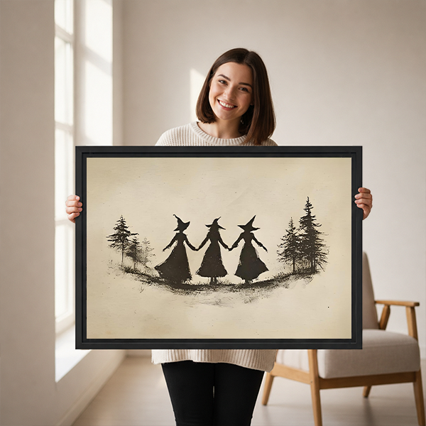 Framed whimsical witch canvas wall art shown above a neatly made bed in a calm bedroom.