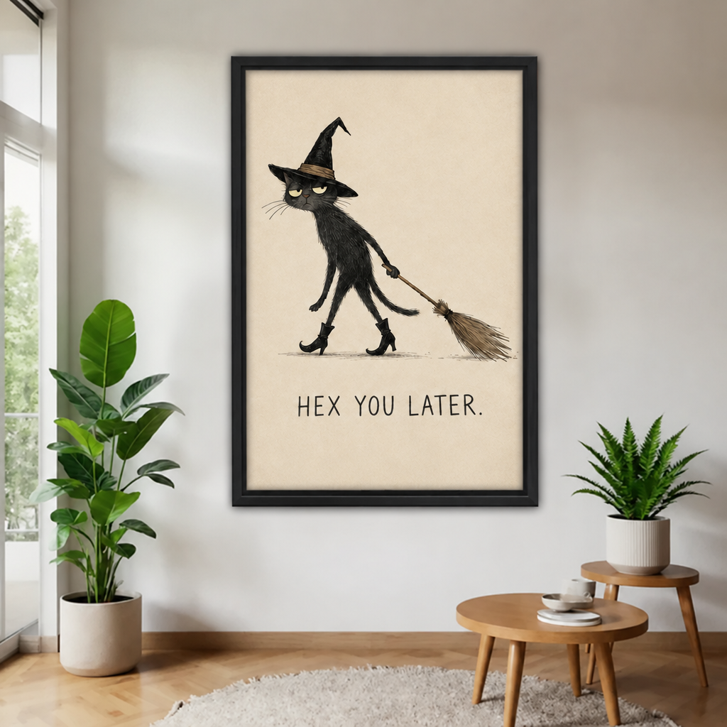 Black-framed whimsical witch cat canvas wall art with “Hex You Later” lettering between potted plants near a window.