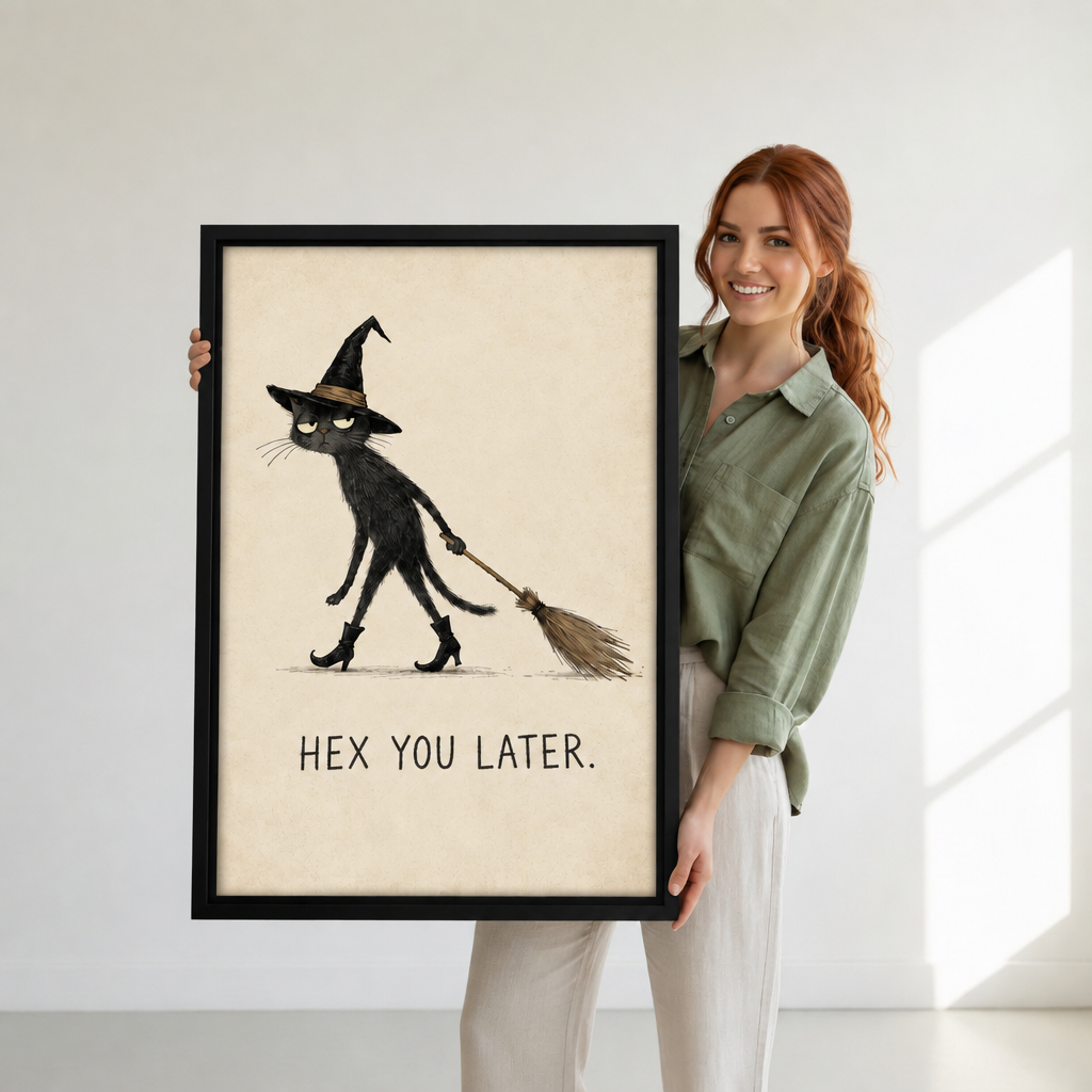 Woman holding black-framed whimsical witch cat canvas wall art featuring a broom and the words “Hex You Later.”
