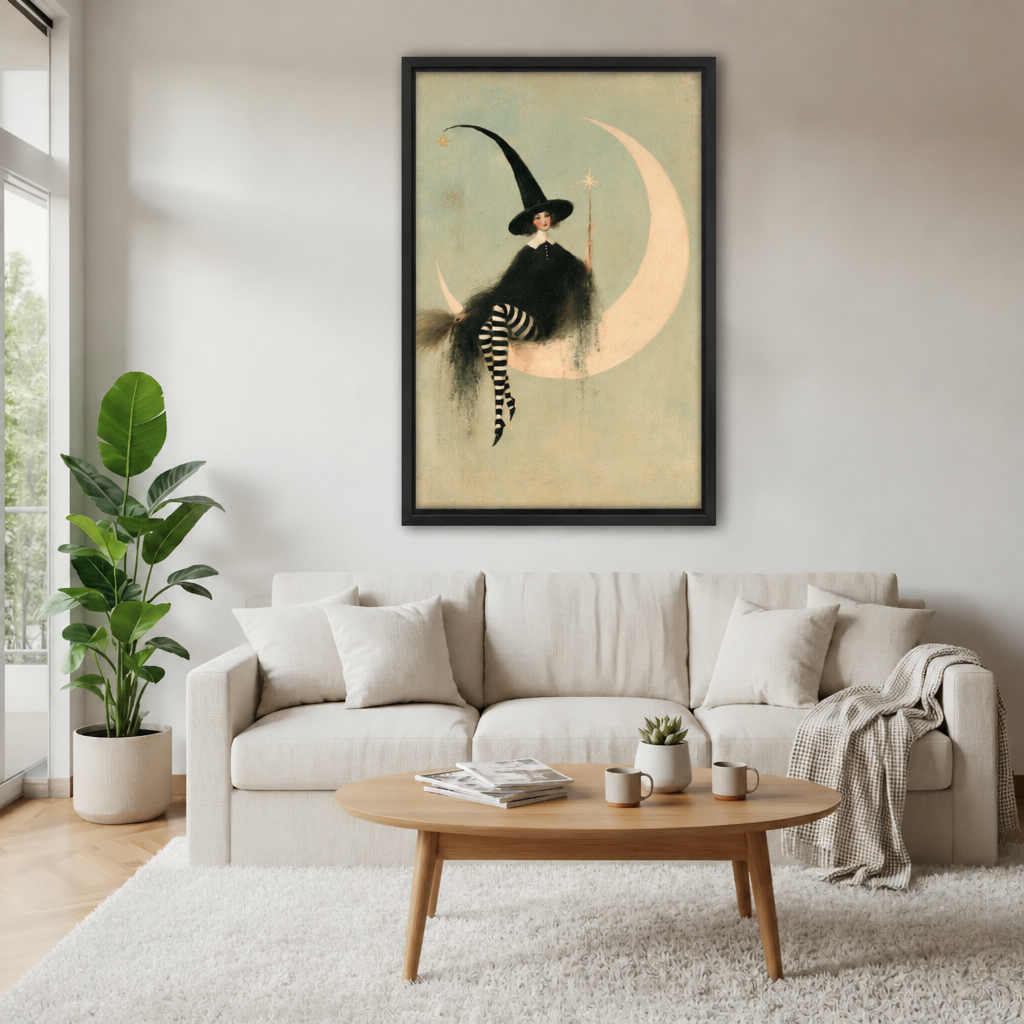 Elegant vintage witch in tall black hat and striped stockings on pale crescent moon with magic wand framed canvas above cream linen sofa with green plant