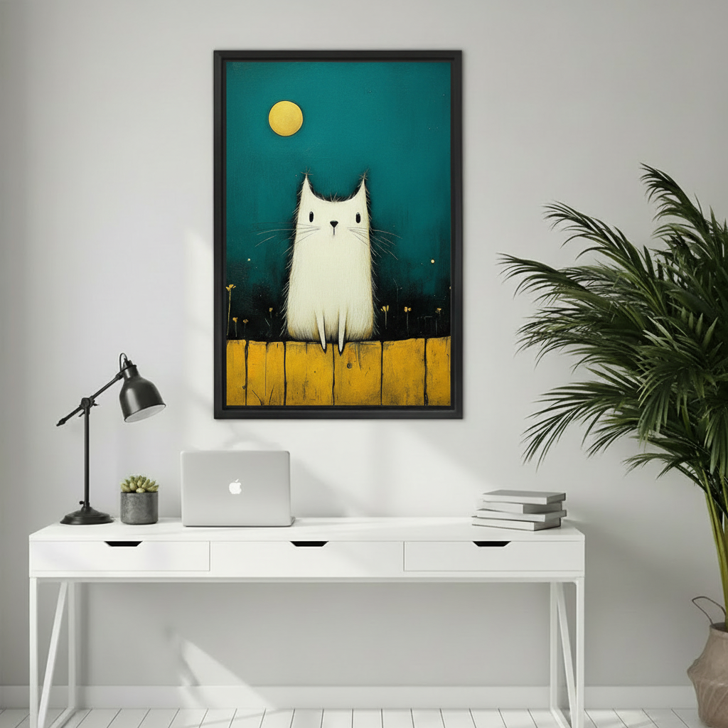 Framed white cat moon canvas wall art adding calm storybook color to a bright home office.
