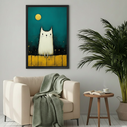 Framed white cat moon canvas wall art displayed above a cozy cream reading chair.
