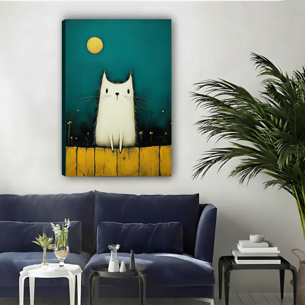 Gallery-wrap white cat moon canvas wall art featuring a teal night sky and golden moon.