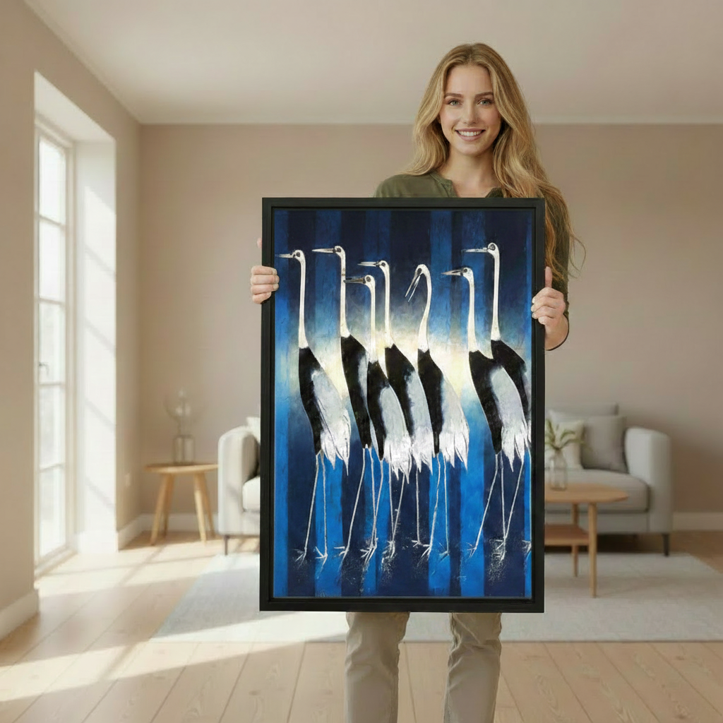 Woman holding a large black framed canvas print of white cranes in a luminous blue oil painting style, showing print size in a bright Scandinavian living room