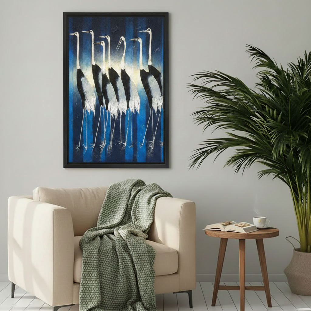 Atmospheric framed crane wall art featuring a flock of elegant white cranes in deep blue light, displayed above a cream armchair with a sage green knit throw