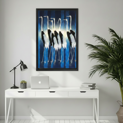 Striking white crane oil painting in a black frame hung above a white minimalist home office desk, featuring birds with long necks in a moody blue glowing background