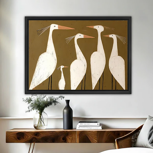 Gallery-wrap white egrets canvas wall art with five stylized birds on olive brown displayed above a wooden console.