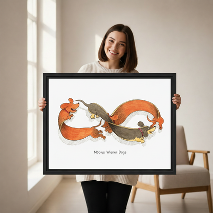 Wiener dog infinity loop canvas wall art in home decor display, Möbius Wiener Dogs humorous illustration perfect as dog lover gift