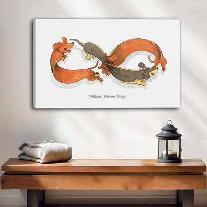 Frameless gallery wrap Möbius Wiener Dogs canvas print, two dachshunds in endless infinity loop on white background, funny dog wall art for living room